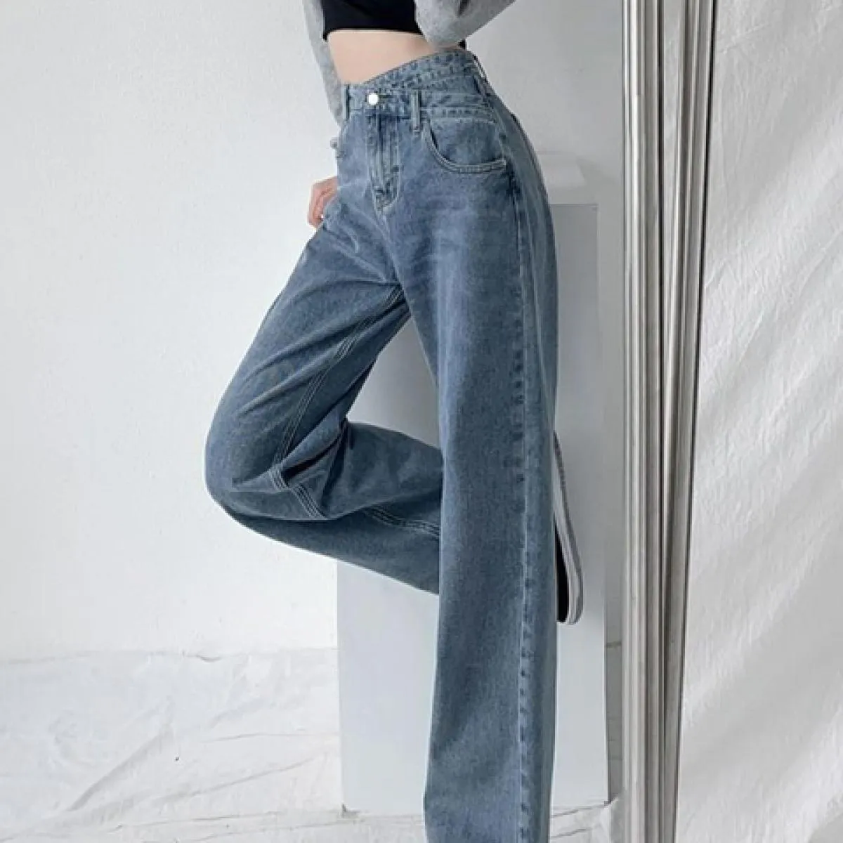 Zoki Jeans a vita alta Donna Moda Pantaloni larghi irregolari Streetwear Tasche larghe Pantaloni denim casual Pantaloni retrò