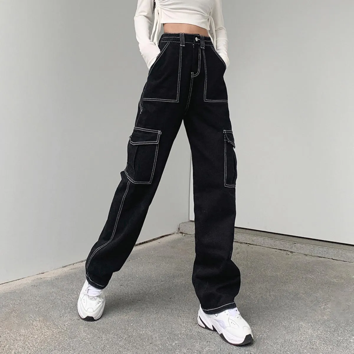 Zoki Patchwork Jeans larghi donna moda streetwear pantaloni in denim di cotone 100% pantaloni cargo larghi Harajuku primavera ne