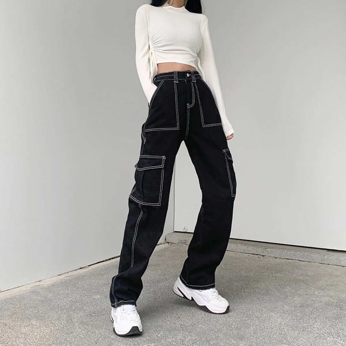 Zoki Patchwork Jeans larghi donna moda streetwear pantaloni in denim di cotone 100% pantaloni cargo larghi Harajuku primavera ne