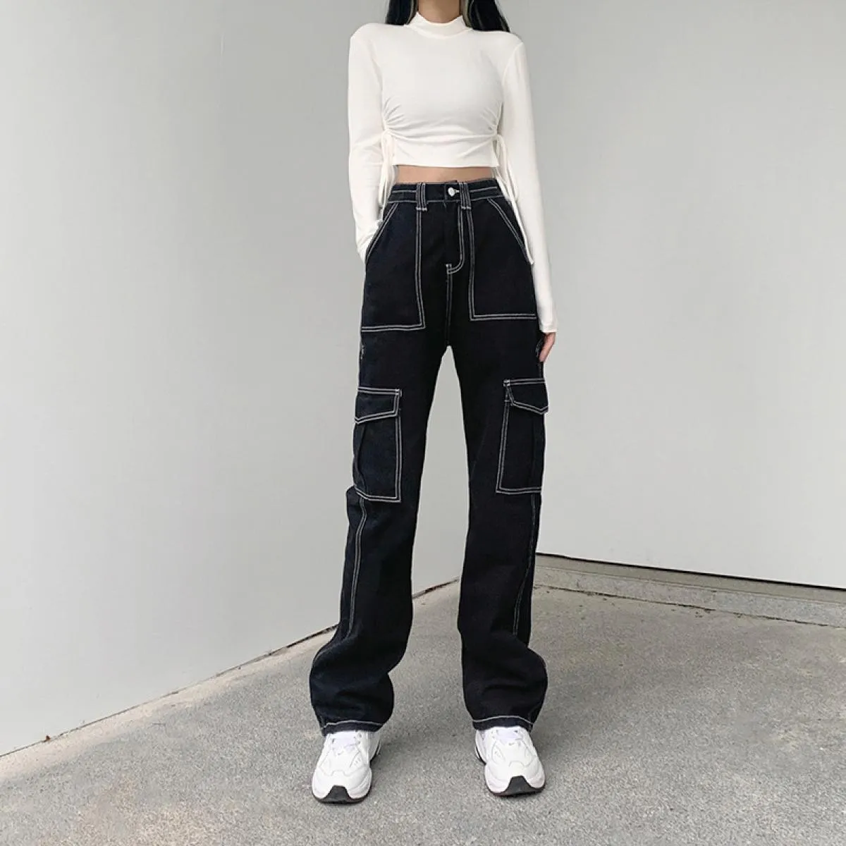 Zoki Patchwork Jeans larghi donna moda streetwear pantaloni in denim di cotone 100% pantaloni cargo larghi Harajuku primavera ne