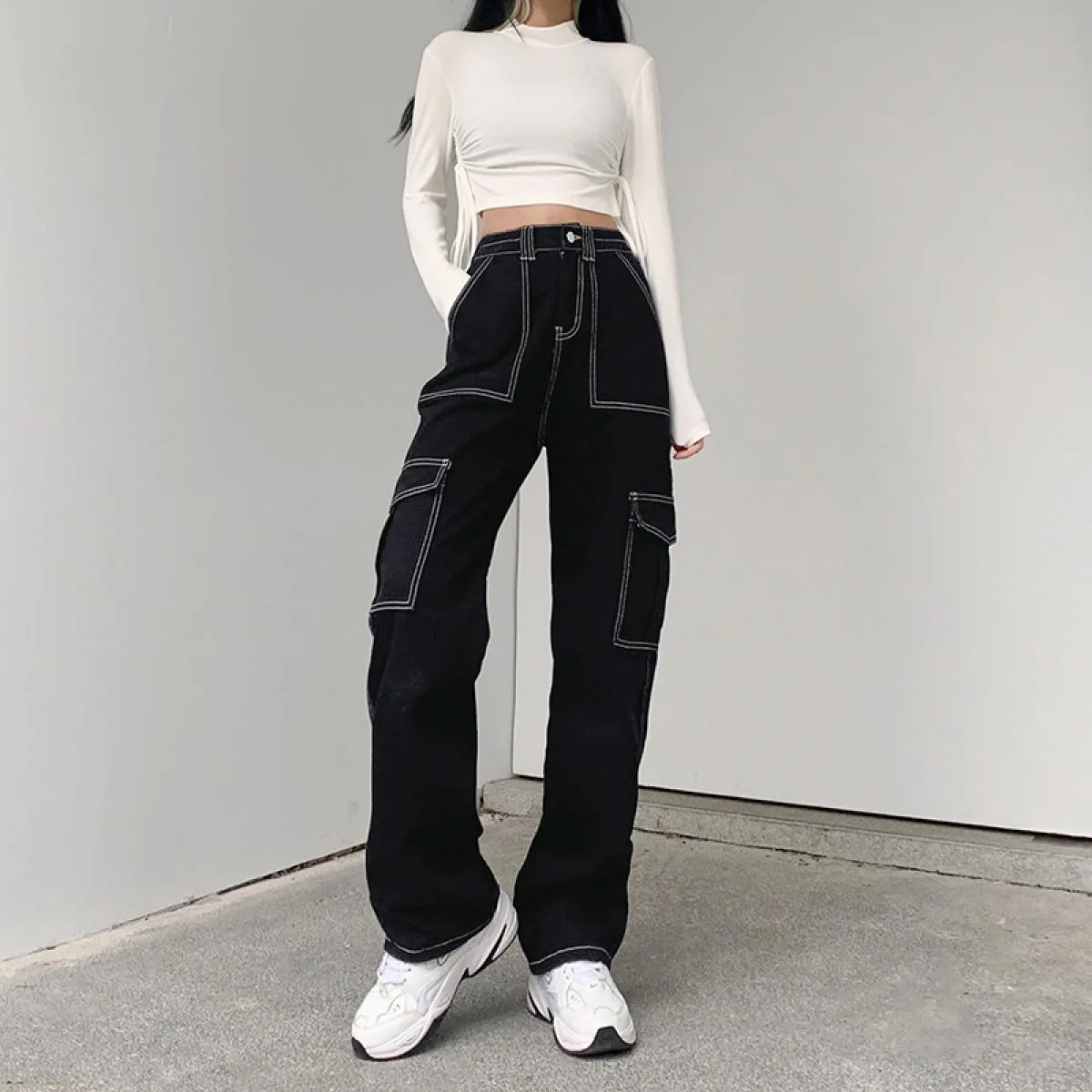 Zoki Patchwork Jeans larghi donna moda streetwear pantaloni in denim di cotone 100% pantaloni cargo larghi Harajuku primavera ne