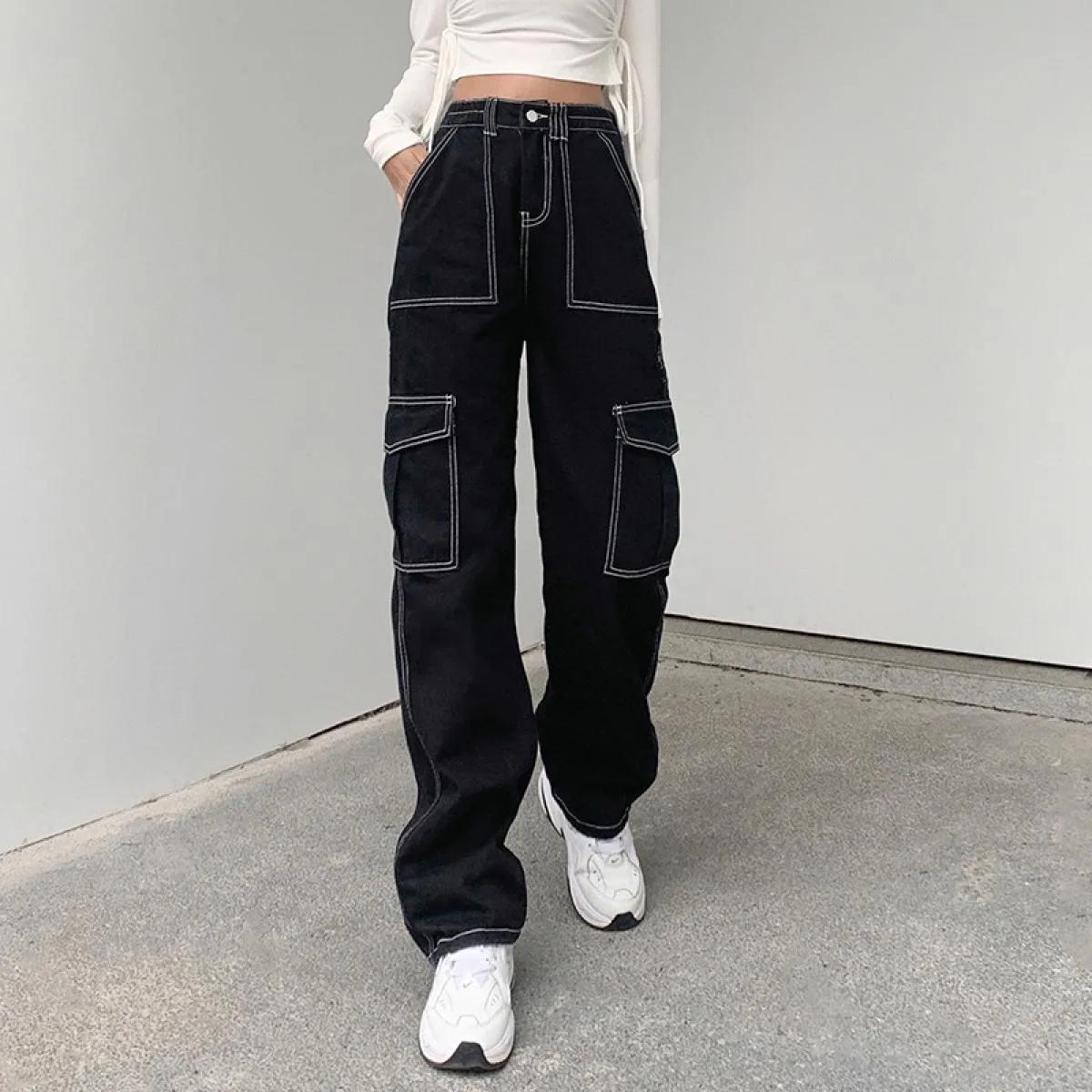 Zoki Patchwork Jeans larghi donna moda streetwear pantaloni in denim di cotone 100% pantaloni cargo larghi Harajuku primavera ne