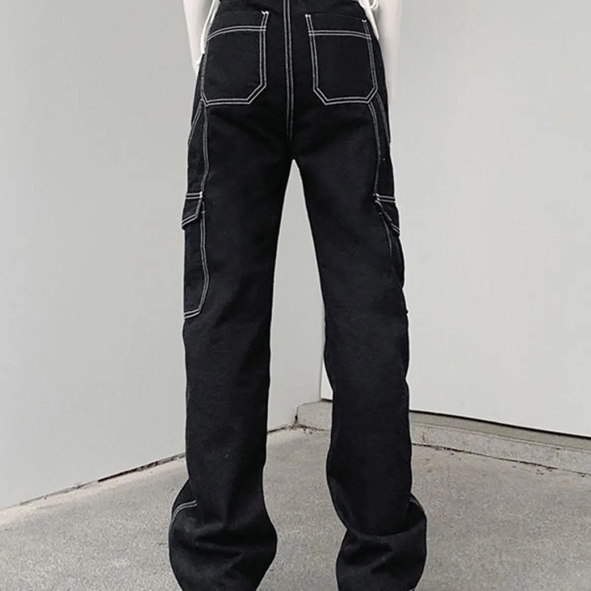 Zoki Streetwear Jeans cargo da donna tasche a molla pantaloni in denim nero a vita alta pantaloni larghi da donna larghi alla mo